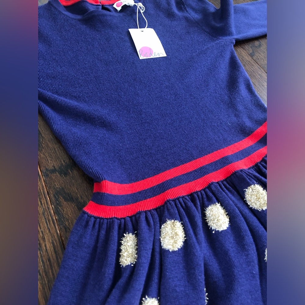 Mini Boden Girls 9-10Y Navy/Red Long-Sleeved Ribbed Dress w/Gold Polka Dot Skirt - Picture 8 of 12